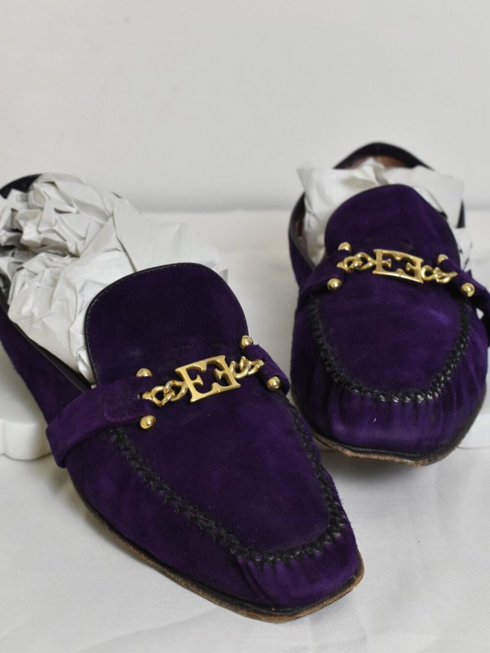 Escada Purple Suede Loafers Gold Logo Detail Luxury Slip-On Flats